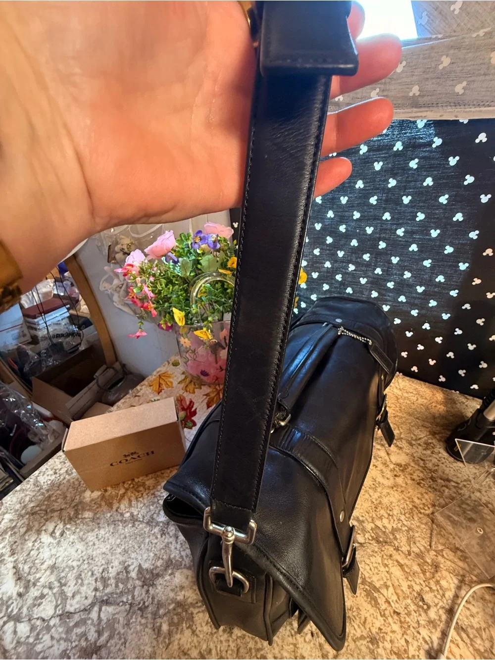 Coach Black Leather Messenger Bag with Buckle Straps